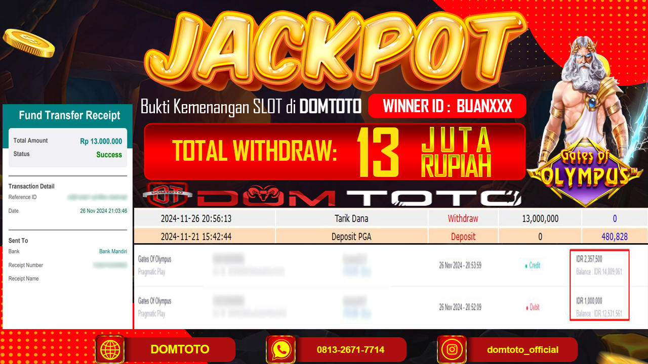 JACKPOT  SLOT GATE OF OLYMPUS 26 NOVEMBER 2024